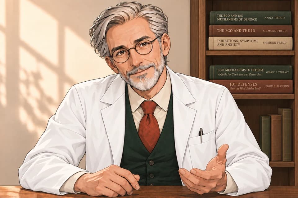 흰 가운의 은빛 머리 교수가 눈을 맞추며 편안한 손짓으로 맞이합니다. 오른쪽 책장에는 프로이트와 방어기제 관련 책이 놓여 있습니다.